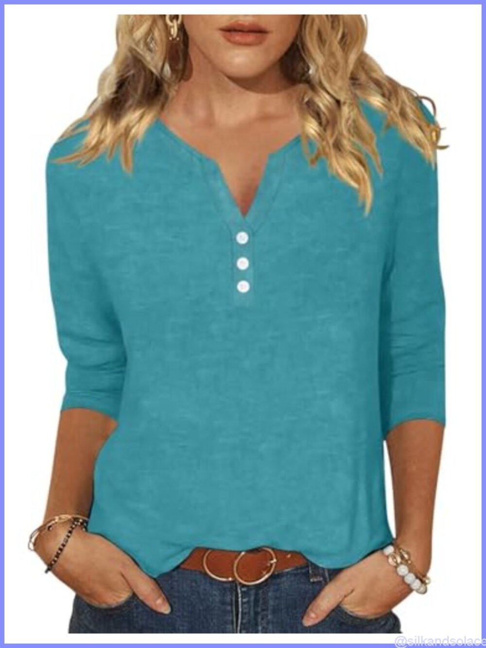 Womens 3/4 Sleeve Henley Shirt V Neck Casual Button Top